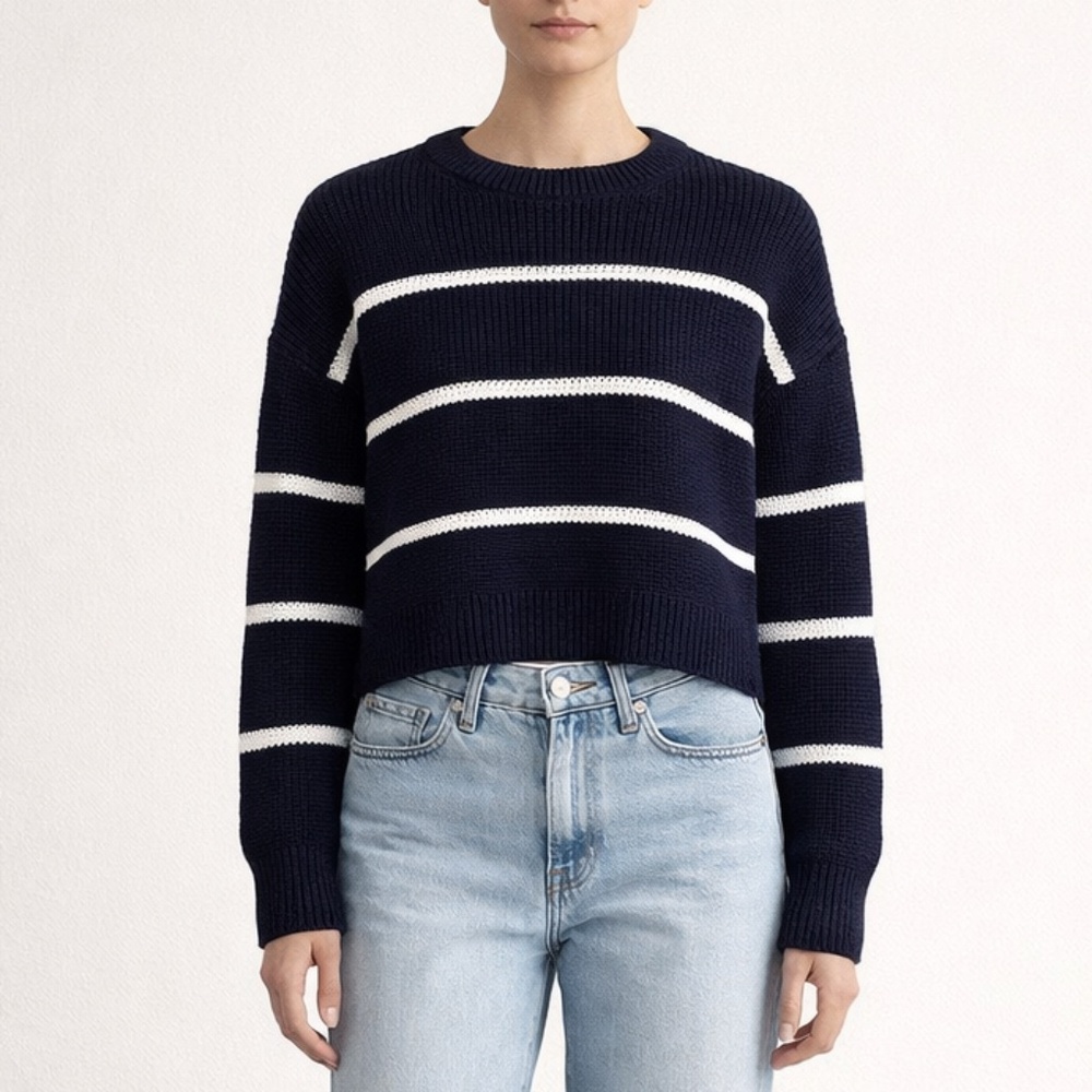 Vince Navy Stripe Cropped Cotton Knit Sweater Boxy Crew Neck M
